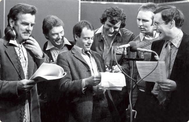 Douglas Adams (third from right) at a recording of the original H2G2 radio show.