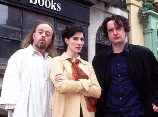 Bill Bailey (Manny), Tamsin Greig (Fran) and Linehan's co-writer Dylan Moran (Bernard) in Black Books