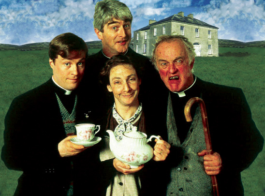 Ardal O'Hanlon (Dougal), Dermot Morgan (Ted), Pauline McLynn (Mrs Doyle) and Frank Kelly (Jack) in Father Ted